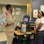 Middle School students talks to parent about project-based learning unit.